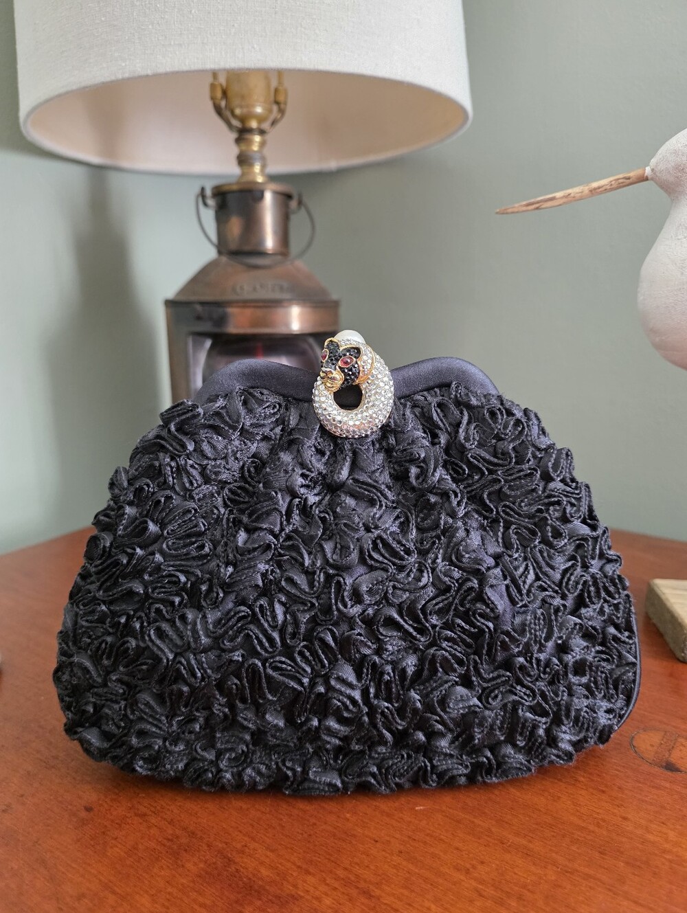 Judith Leiber Vintage Black Ruffle Satin Panther Crystal Pearl Clutch Bag